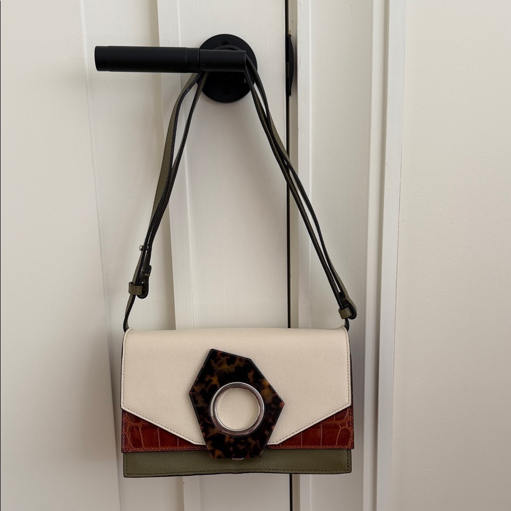 Ganni Cream Green and Brown Croc Leather Crossbody Bag w Tortoise accent
